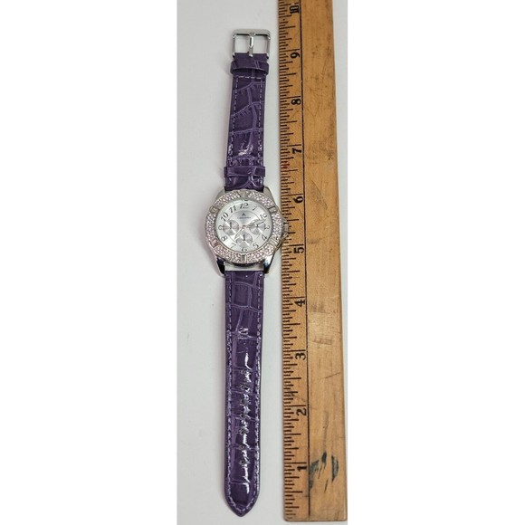 Louis Arden LA7258 Wrist Watch Purple Leather Band Crystal Bezel Japan Works! - Picture 7 of 16